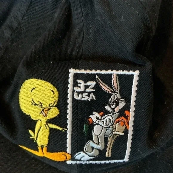 New Vintage Looney Tunes Stamp Collection Tweety Bird Bugs Bunny Cap Black - Picture 5 of 6